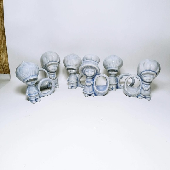 Big Head Kids Napkin Rings Blue Ceramic Baskets Set of 6 Napkin Holders (j) - Picture 2 of 8